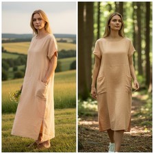 Christy Dawn Seaton Linen Long Dress Pockets Minimalist Modest Peach Coastal S