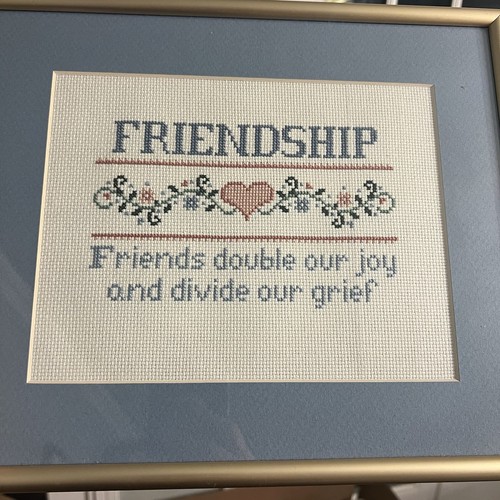 Vintage Framed Cross Stitch Friendship Heart Finished Brushed Gold Metal 13"X11"