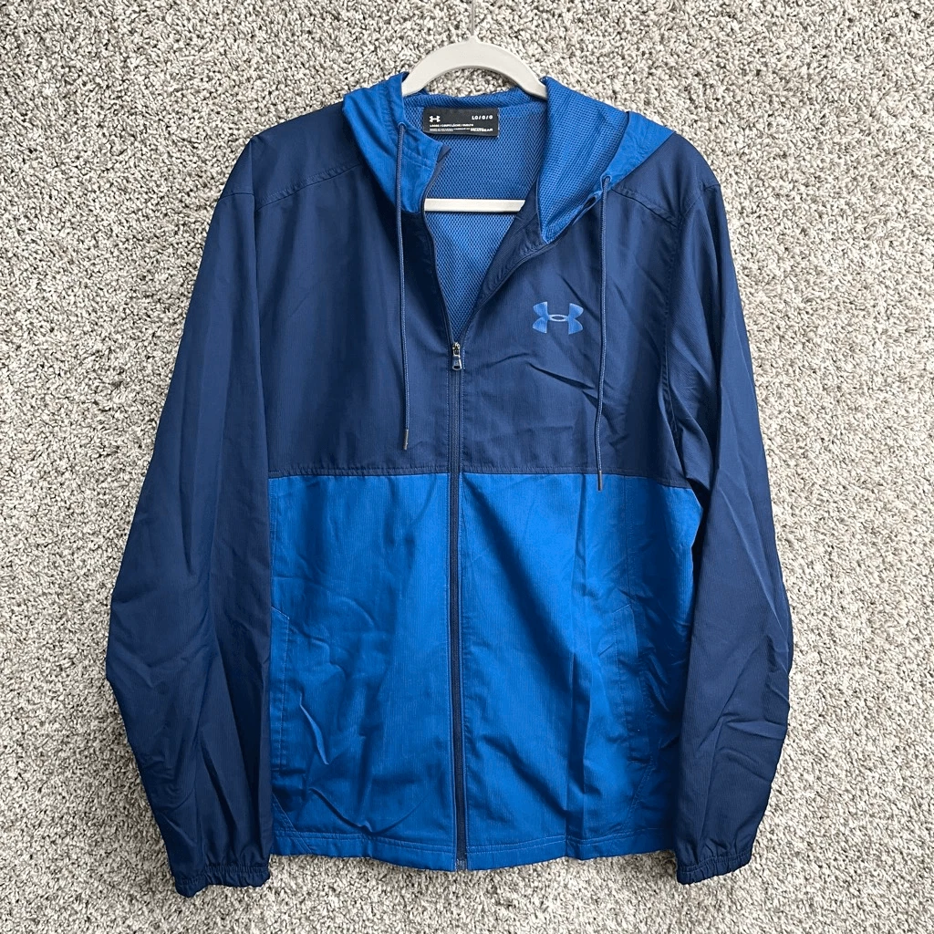 Under Armour Jacket Men’s Large Blue Lightweight Loose Hooded Zip Up Windbreaker