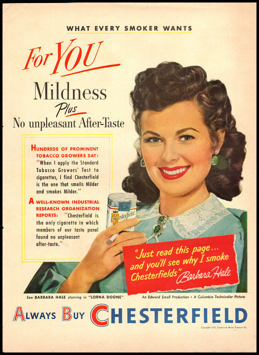 you be the cigarette i'll be the smoker 1951 vintage ad for Chesterfield Cigarettes with Barbara Hale -282