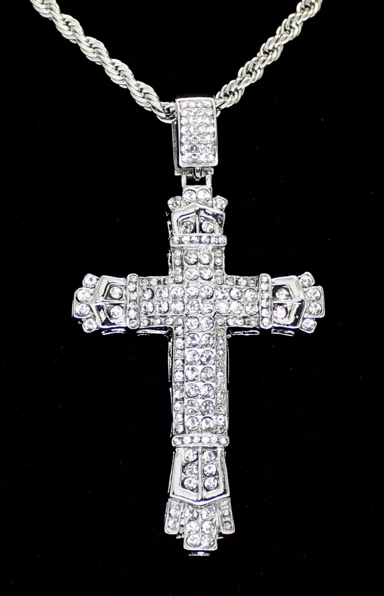 Mens Large Icy CZ Cross Pendant White Gold Plated 24