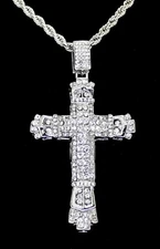 Mens Large Icy CZ Cross Pendant White Gold Plated 24" Rope Hip Hop Necklace