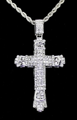 Mens Large Icy CZ Cross Pendant White Gold Plated 24'' Rope Hip Hop Necklace