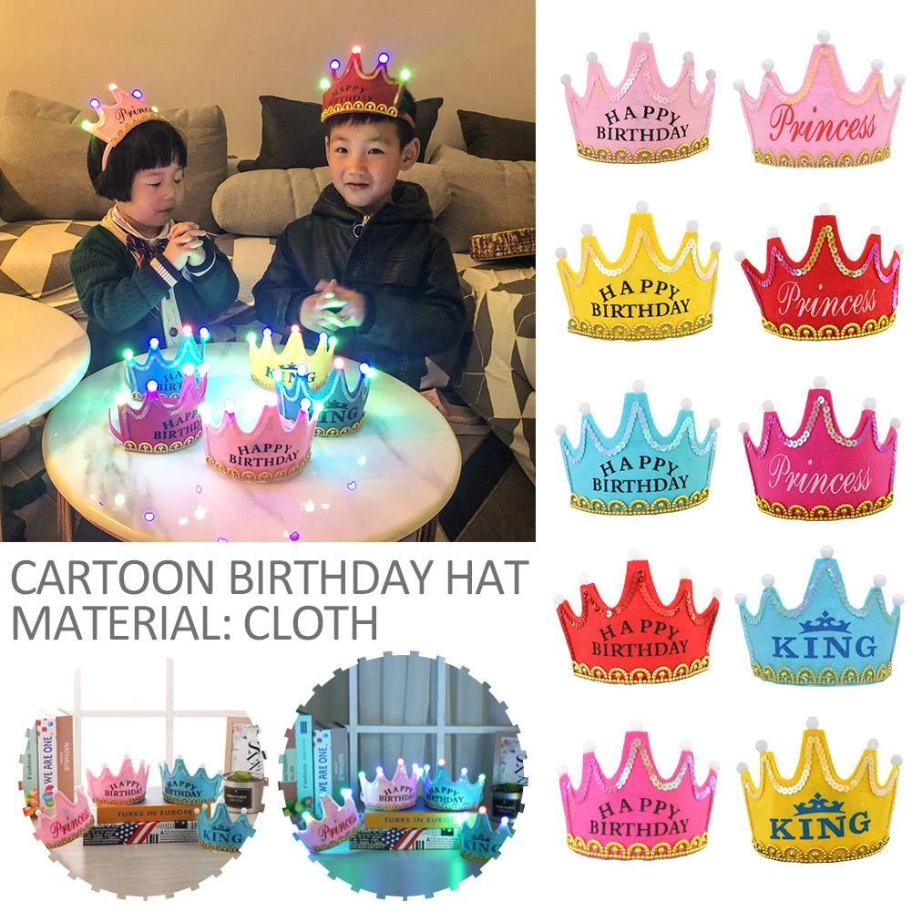 Prince Princess Crown Cap Birthday Party LED Light Up Hats Children Kids AdulV0