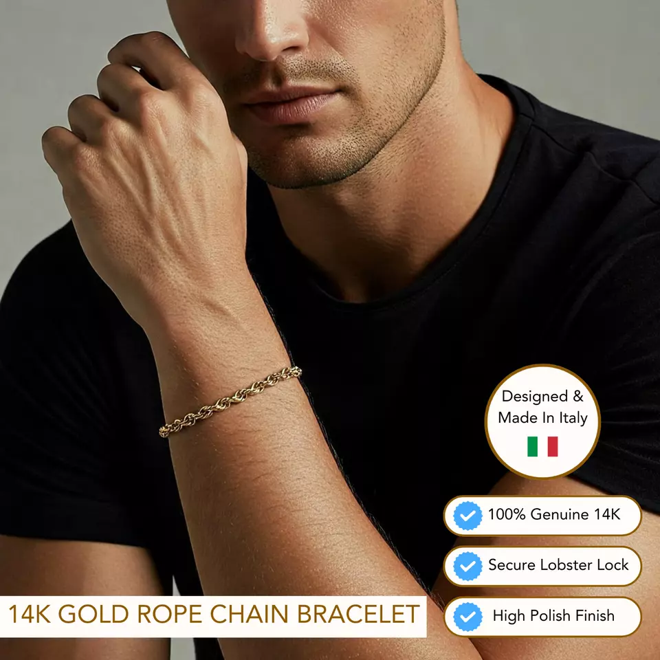 14K Real Solid Yellow Gold 2mm 3mm 4mm 5mm Rope Chain Italian Bracelet 7" 7.5" - Image 2 of 4