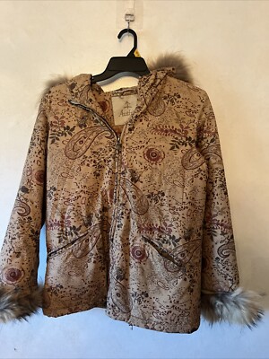 Authier Floral Jacket Parka  Womens Sz 10 Made In Italy Ski Fur Trim 42  Bust