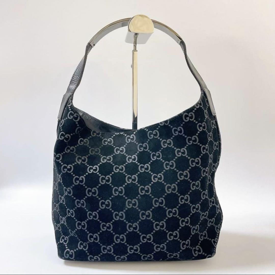 GUCCI Guccissima GG Pattern Black Suede Leather Crescent Moon Tote Handbag
