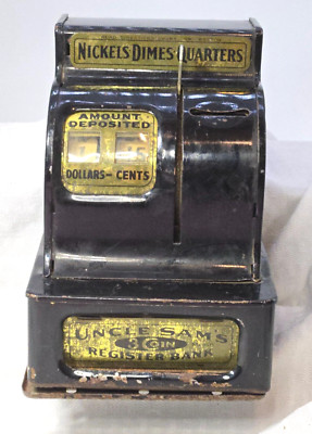 Vintage Black Metal Cash Register Bank - 3 Coin - Uncle Sam