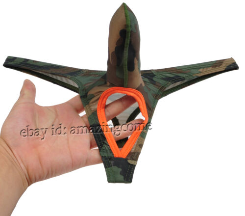Men Camouflage Ball Hole Thong Underwear Bikini Nuts Out Long Pouch T-Back Pants - Picture 3 of 4