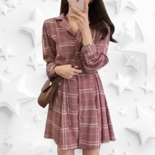 Button Down Shirt Dress  Plaid Collared Belted Waist L