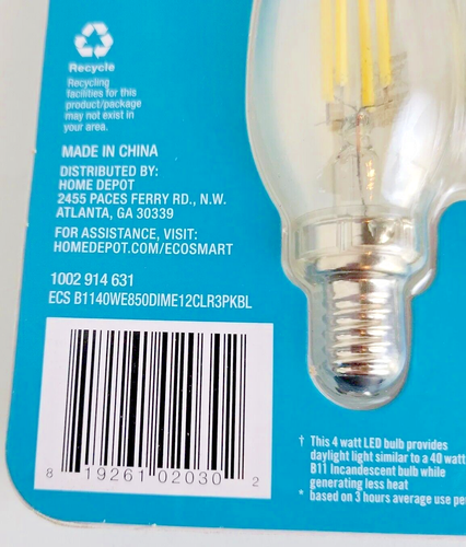 Ecosmart™ LED 40W B11 Dimmable Candelabra Base Daylight (3-pk) - New & Sealed - Picture 5 of 8