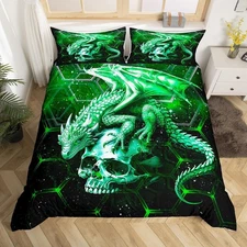 Dragon Bedding Set Twin Size Green Honeymoon Comforter Cover Set for Boys Tee...