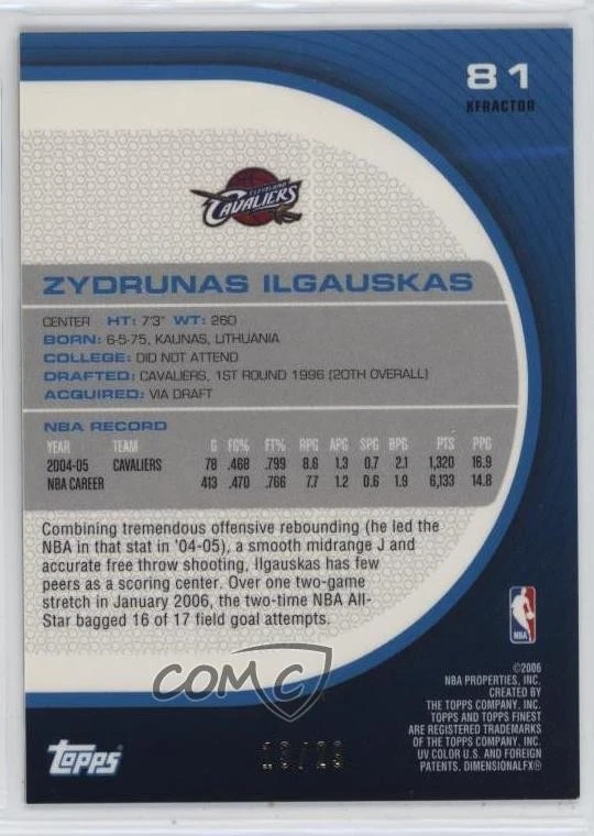 2005-06 Topps Finest Gold X-Fractor /29 Zydrunas Ilgauskas #81 - Image 2 of 2