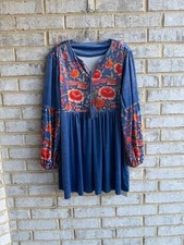 URSIME Long Sleeve Tie V-Neck Velour Floral Boho Mini Dress Women's Size XL