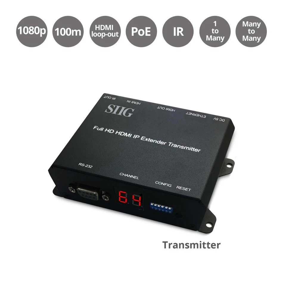 Extensor HDMI Full HD SIIG sobre IP con transmisor PoE RS-232 y IR CEH26411S1 Foto 2 de 4