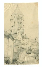 Study - Characters near a church - Original antique drawing