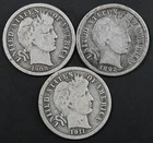 3 Barber Dimes - 1892, 1908-D, 1911 - 90% Silver