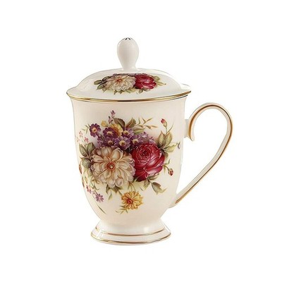 Fine Bone China Coffee Mug Tea Cup, Floral Tea Mugs with Lid 10oz/300ml Capacity