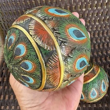 Lot 3 Decorative Accent Balls Design  Toscano Peacock Feathered Orbs Decor