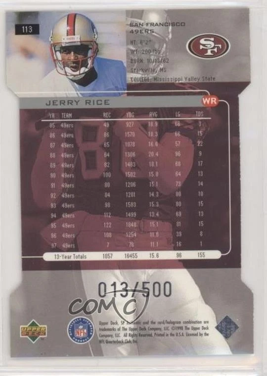 1998 SP Authentic Die-Cut /500 Jerry Rice #113 HOF - Image 2 of 2