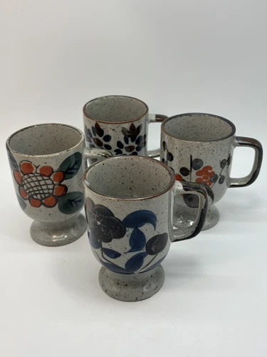 Vintage Otagiri Coffee Mug Cup Brown Speckled Pedestal Stoneware Set Of 4