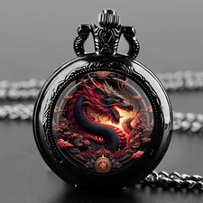 Black Dragon Pocket Watch Full Hunter Quartz With Chain Vintage Style