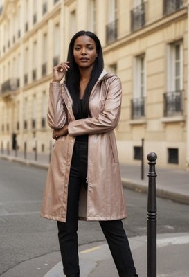 RAINS Rose Gold Hooded Waterproof Long Raincoat Women's Snap Closure Pockets