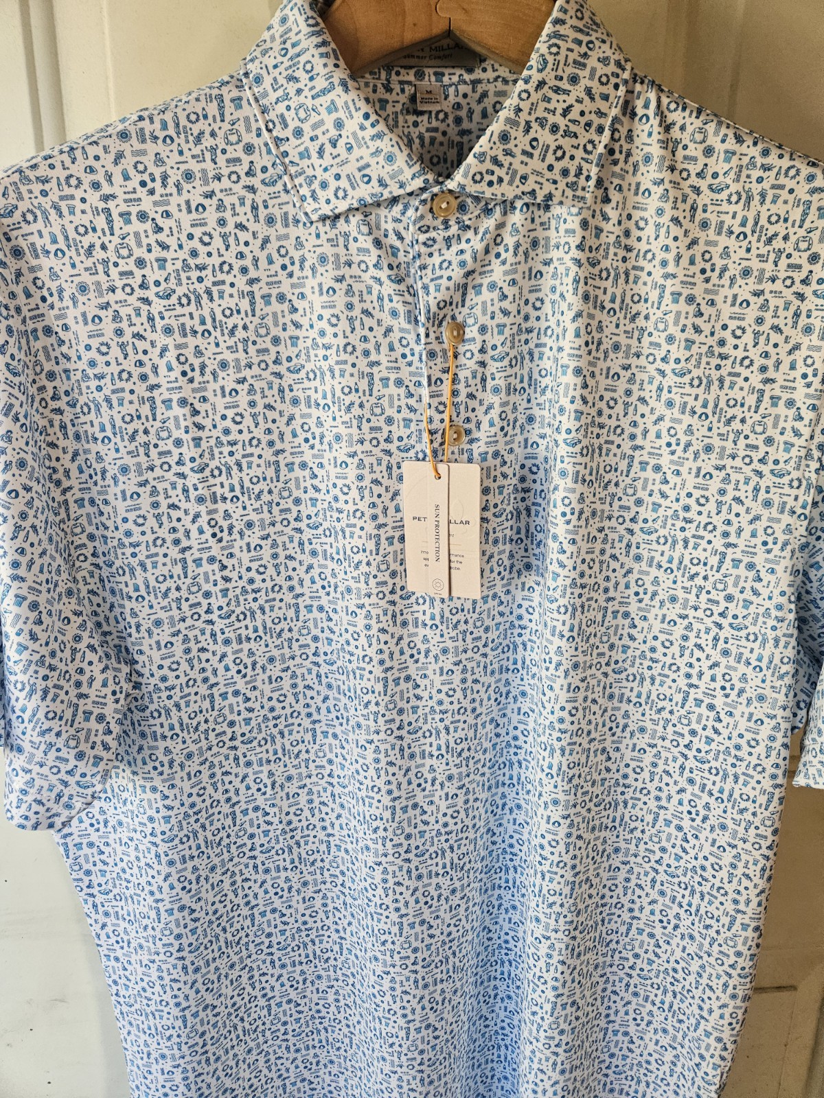 Peter Millar Golf Polo CS Summer Comfort Toga Party Print L White NWT $115