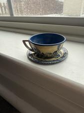 Vintage Tin Blue Willow Toy Tea Cup  Saucer Oriental Scene Cream  Blue