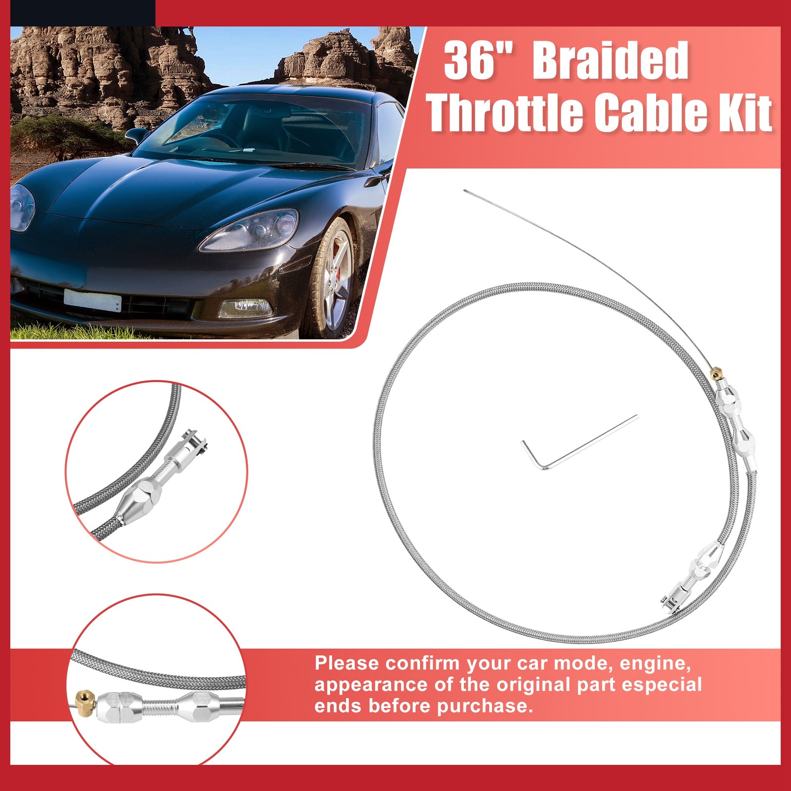 Pack of 1 for Chevrolet for Chevy 97-07 36" for LS Braided Throttle Cable Kit