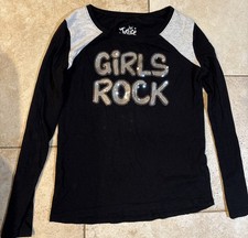Justice Girls Kids Size 10 Long Sleeve Black Top  Girls Rock  in Sequins