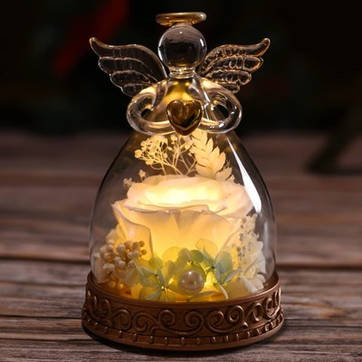 Preserved Real Rose in Glass Angel Figurine with LED Light, Angel Gifts for Wome