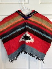 Vintage - Classic Heavy Woven Mexican Blanket Poncho with Fringe  Open Sides
