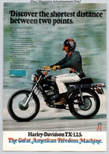 Harley Davidson TX125 Lightweight Motorcycle Promo Vintage 1972 Advertisement