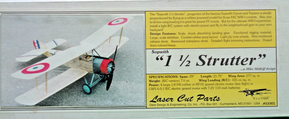 Dare Design "Sopwith 1-1/2 Strutter" R/C Balsa Airplane Kit, 29"WS, New Open Box - Image 3 of 4