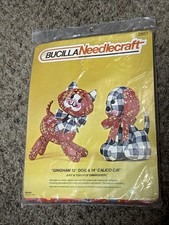 Vintage Bucilla Needlecraft Kit 12" Gingham Dog  14" Calico Cat Figures 2851