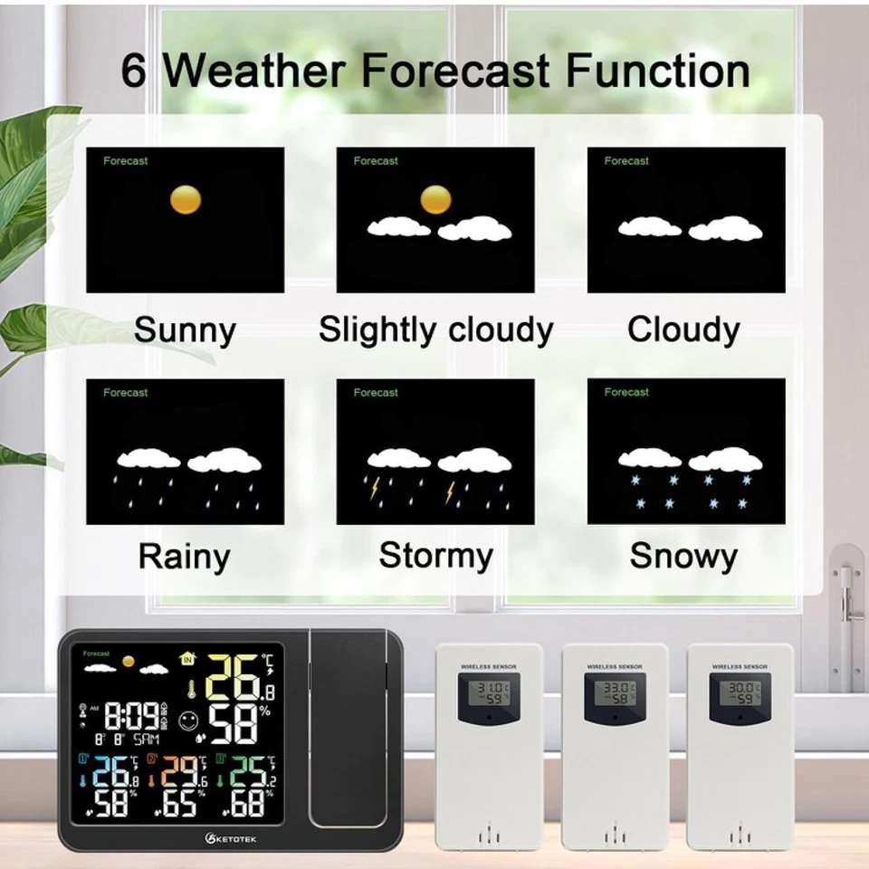 KETOTEK Digitaler Funkwecker mit Projektion, kabellose Wetterstation, Innen- - Bild 4 von 4
