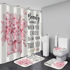 4 Pcs Pink Fashion Shower Curtain Sets with Rugs Flower Bathroom Decor Set wi...