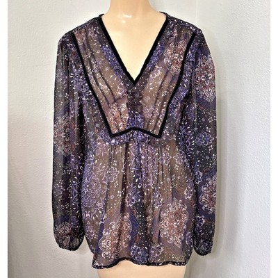 Womens Sheer Floral Top Sz M Boho Fairy Embellished Whimsigoth Witchy Purple