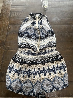 Y2K rue21 XS Blue/White Paisley Halter Sleeveless Romper Front Zip Polyester