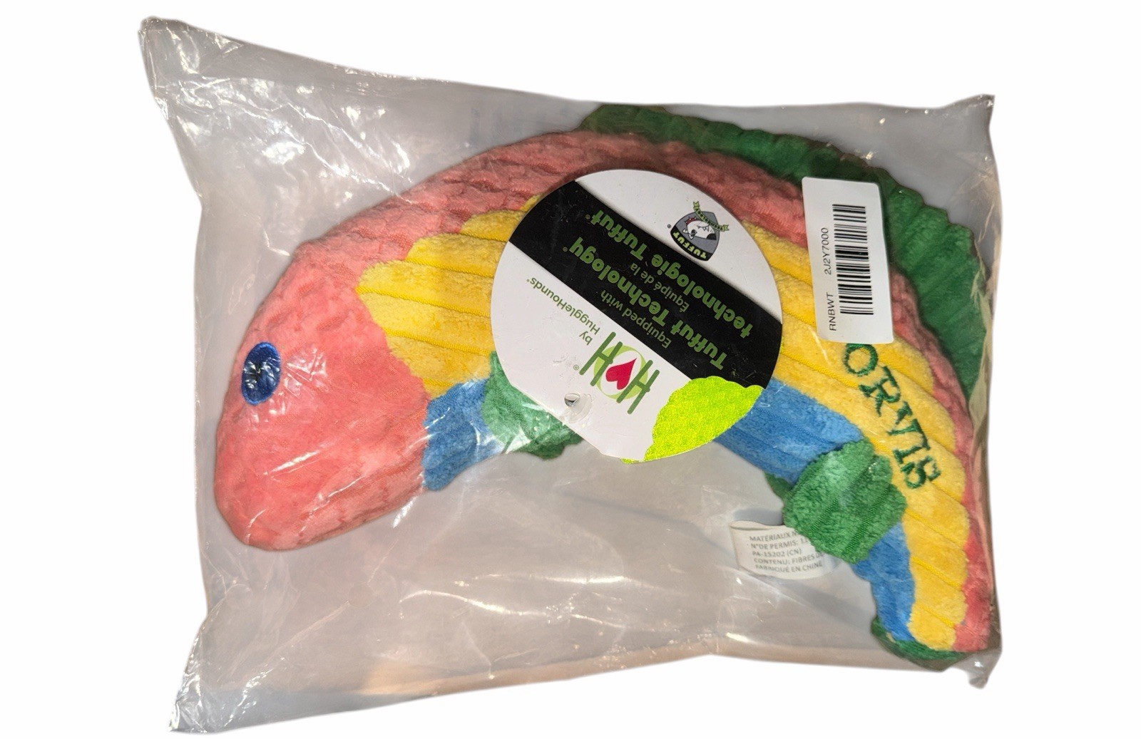 HuggleHounds Raucous Rainbow Trout Knottie Tough Squeaky Plush Dog Toy