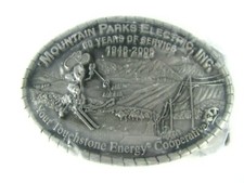 VINTAGE MOUNTAIN PARKS ELECTRIC INC. BELT BUCKLE SOLID PEWTER MADEIN USA NIOP