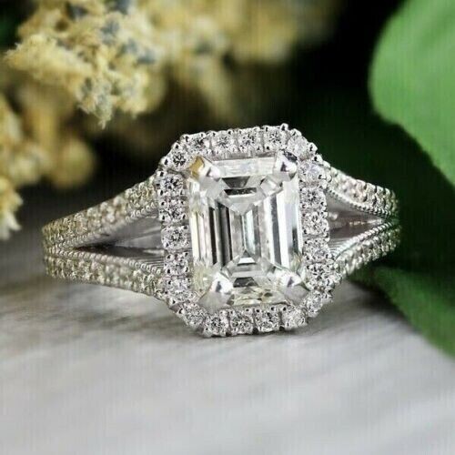 2Ct Emerald Cut Lab Created Diamond Women Engagement Ring 14k White Gold Plated - Picture 2 of 4