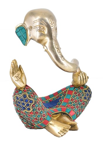Whitewhale Brass Lord Ganesha Idol in Modern Art with Antique Stonework Finish - Picture 3 of 4