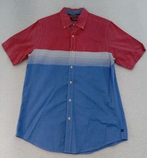 Chaps Mens Large L Dress Shirt Casual Short Sleeve Full Button Up Red White Blue