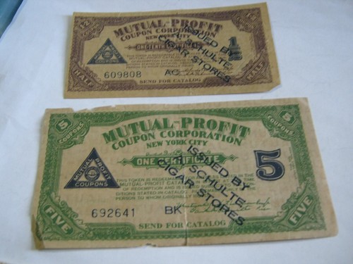 MPCC Mutual Profit Coupon Corporation Schulte Overprint 1/2 Brown & 5 Green  #19