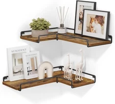 Corner Shelf Wall Mount Set 2 Rustic Brown Black Floating Shelves Decor Storage