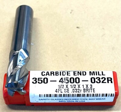 HTC 1/2'' Solid Carbide End Mill, 4 Flute, 0.032'' Corner Radius, Uncoated, USA