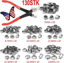 130x Assorted Hose Clamp Stainless Steel Ear Cinch Rings Crimp Pinch Set Pliers 130x Assorted Hose Clamp Stainless Steel Ear Cinch Rings Crimp Pinch Set Pliers