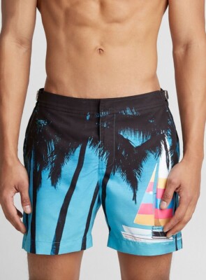 Orlebar braune Badeshorts Fotografie Tree Breeze blau 32 Pool Party